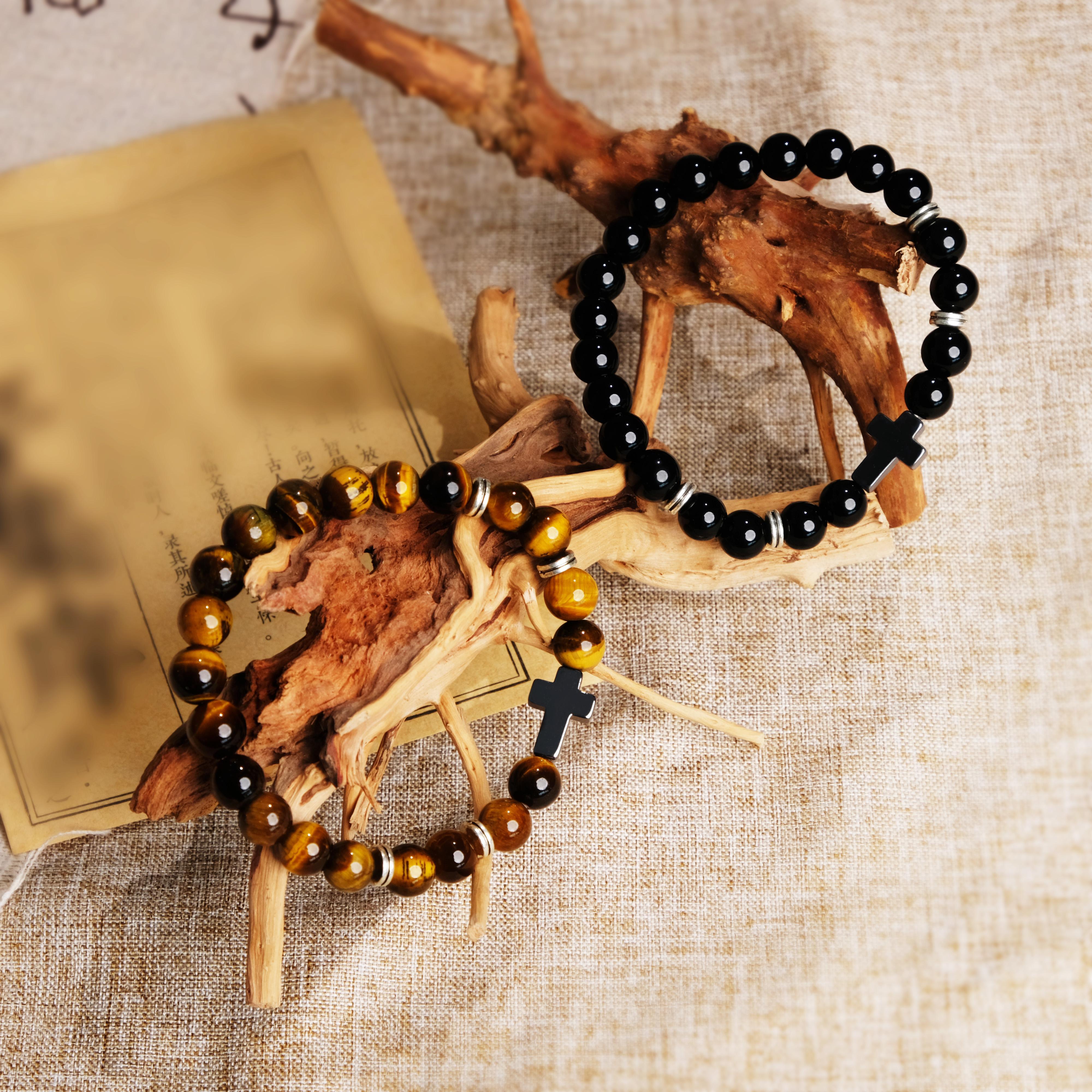 Cross Beads Bracelet for Men Women, 8MM Beaded Bracelets Couples Bracelets,Lava Rock Turquoise Tiger Eye Natural Bracelet Anxiety Stretch Elastic Healing Bracelet