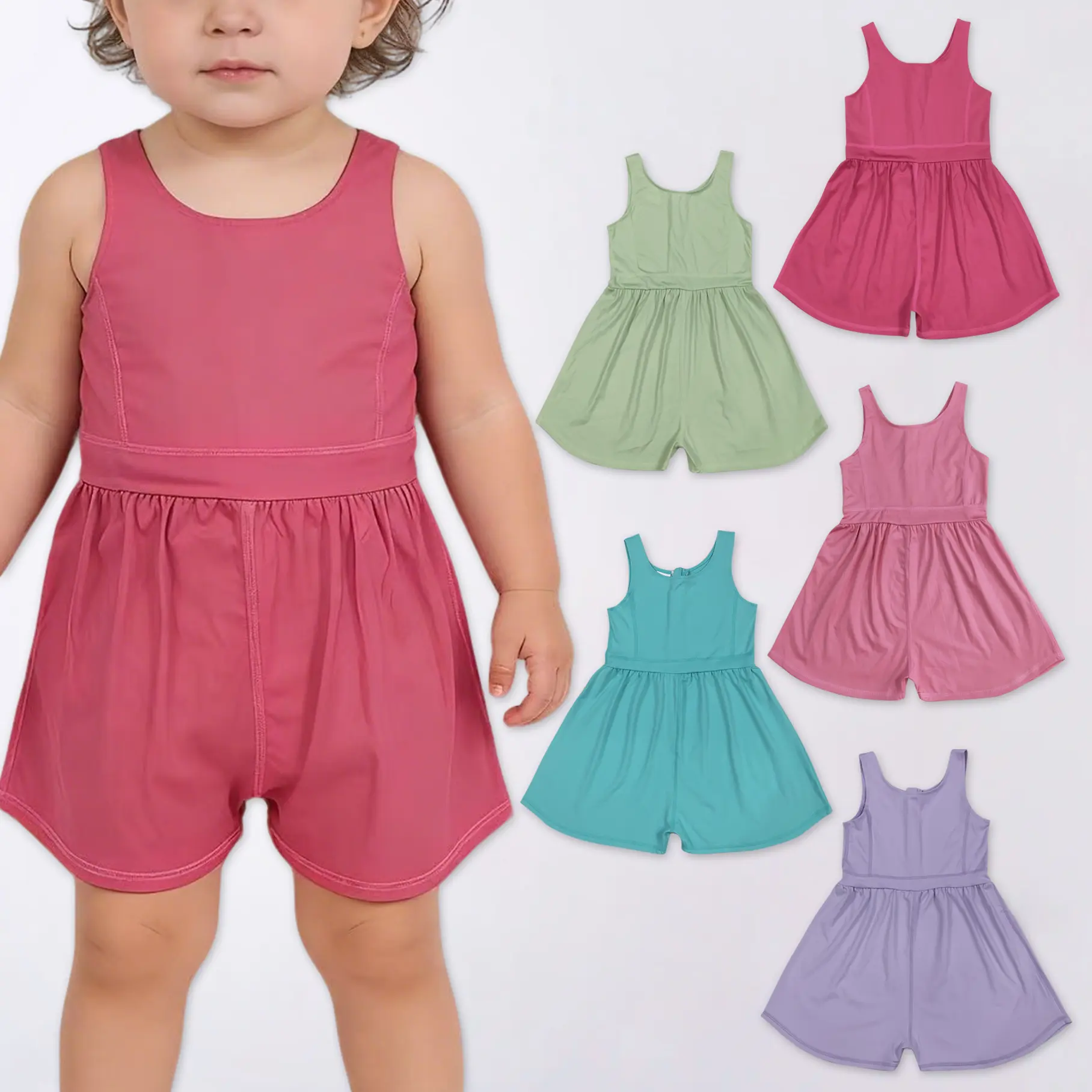 Girls' Athletic Sleeveless Romper, Versatile Solid Color 1-Piece Jumpsuit, Machine Washable Functional Activewear