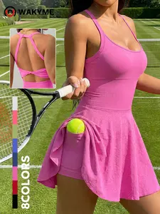 Women's Backless Solid Color Yoga Dress with Side Pockets – Sleeveless Athletic Active Knitted Dress with Built-in Shorts for Workout, Tennis & Casual Wear
