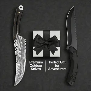 BIEZUMN-High-end exquisite handmade straight knife, characteristic feather blade, made of high-hardness carbon steel, natural solid wood handle, scabbard, camping carry, home kitchen, steak knife.