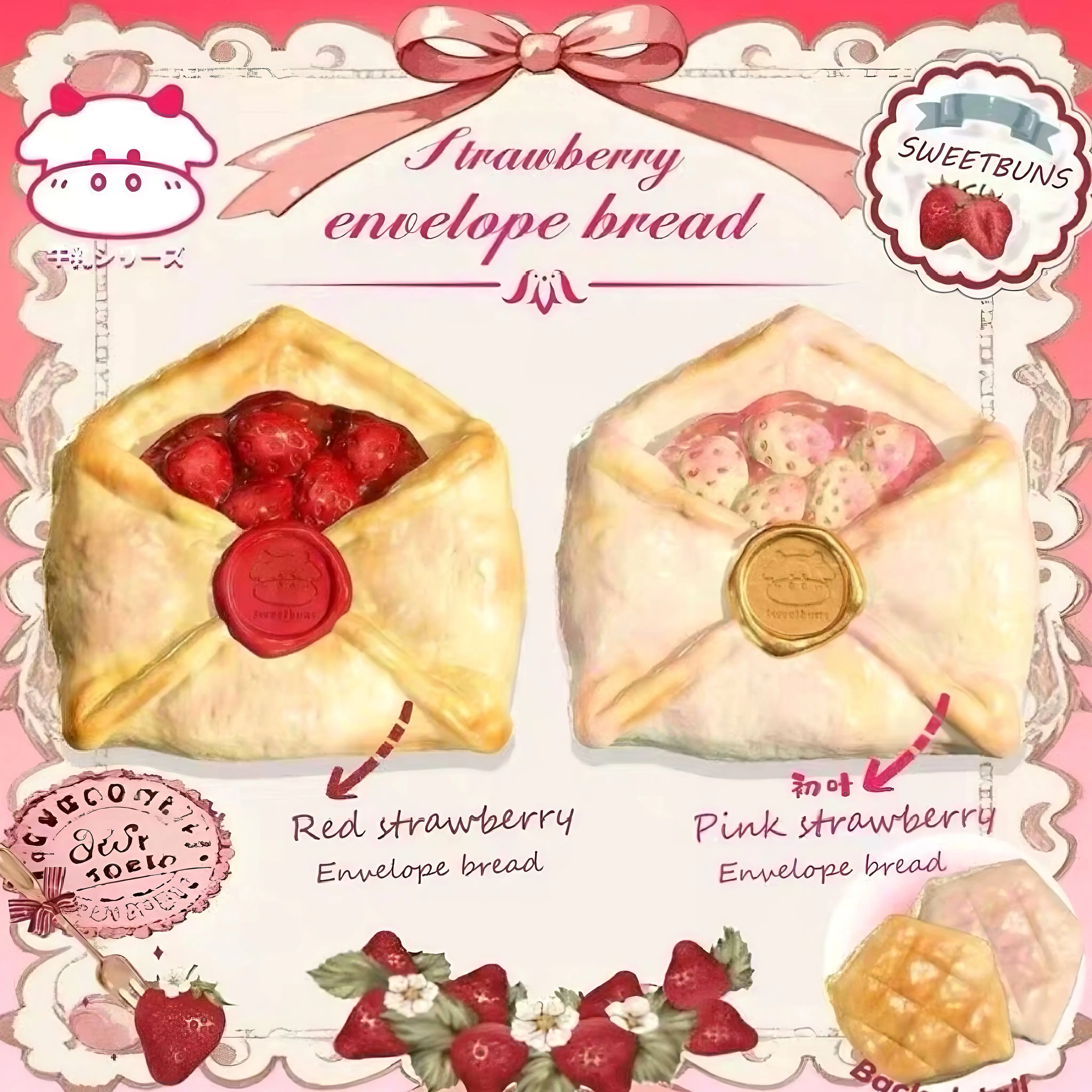 Mellow Lab x Sweetbuns Squishies, Slow-Rising Stress Relief Toy, 100g Strawberry Love Envelope Bread Shape with Sweet Bakery Scent, Bao Bun Squishy, Stress Relief Fruit