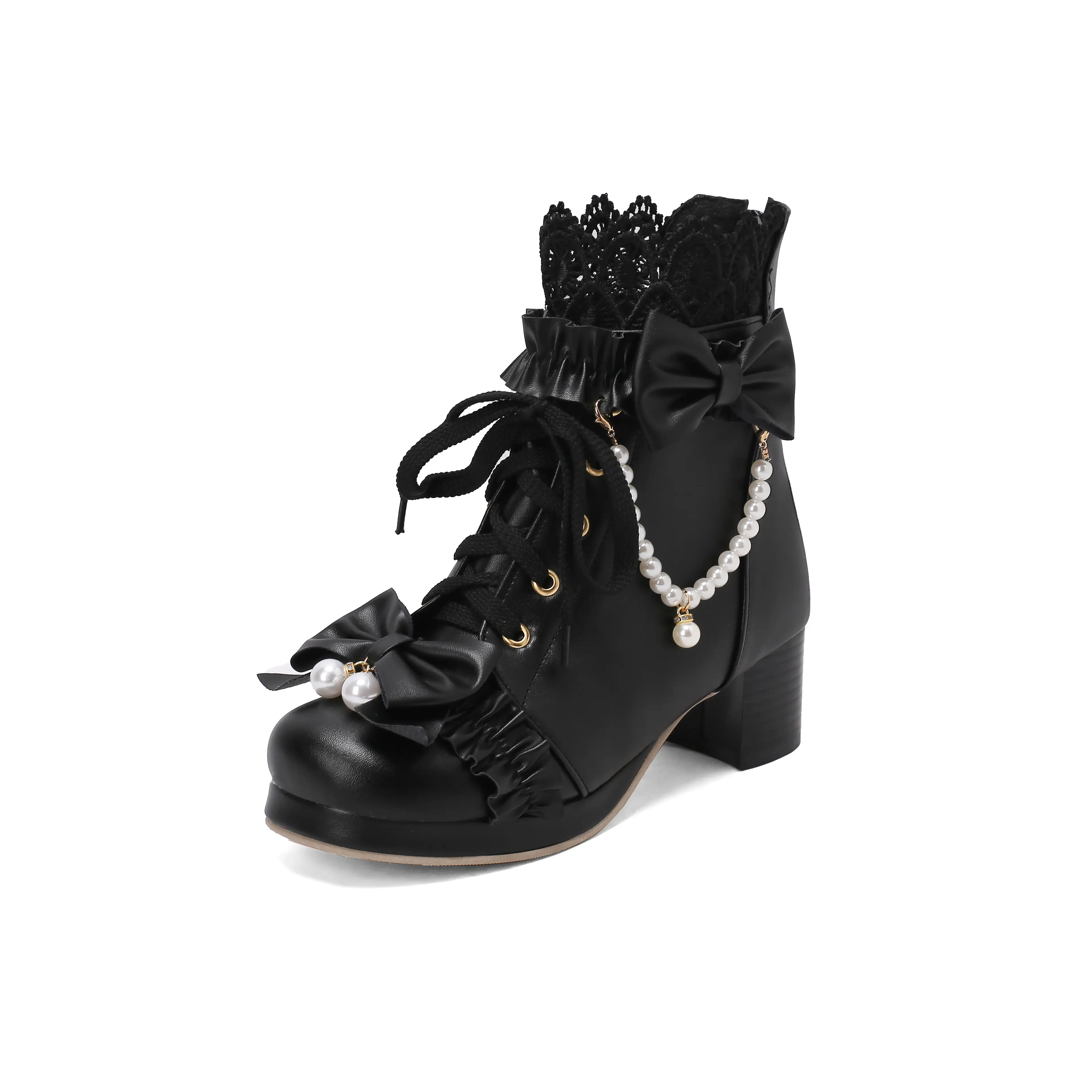 Women's Elegant Lolita Ankle Boots, Chunky Mid-Platform Lace Up Synthetic Shoes with Bow-Pearl Accents and Rubber Sole for All Season Walking, Walking Shoes, Footwear, Classic, Heeled Booties, Party, Chic, Pearls, Block Heel, Statement Shoes