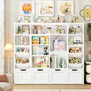 FOTOSOK 55.1" W Toy Storage Kids Bookshelf with Sliding Bookshelf, 4 Movable Drawers and 4 Bins for Living Room #summervibes