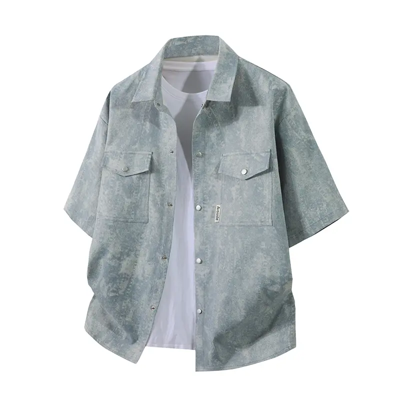 Men's Oversized Woven Workwear Overshirt - Vintage Streetwear, Short Sleeve, Medium Length, All Over Print, Subtle Tie-Dye Wash, Dual Snap Pockets, Lightweight Textured Soft Fabric, Machine Washable for Casual/Halloween Tops