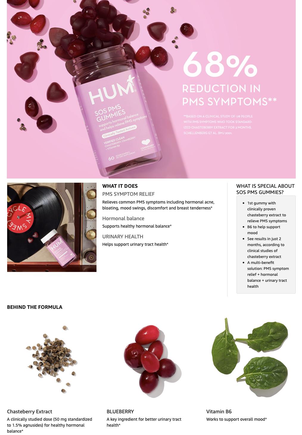 HUM Nutrition SOS PMS, Helps Relieve PMS Symptoms, Bloating Relief, Mood Swings, Hormonal Balance, Includes Chasteberry Vitex PMS Gummies (60 Count)
