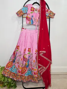 Blush Rose Munga Crepe Silk Lehenga with Peacock Kalamkari Print, Outline Embroidery & Crimson Embroidered Dupatta
