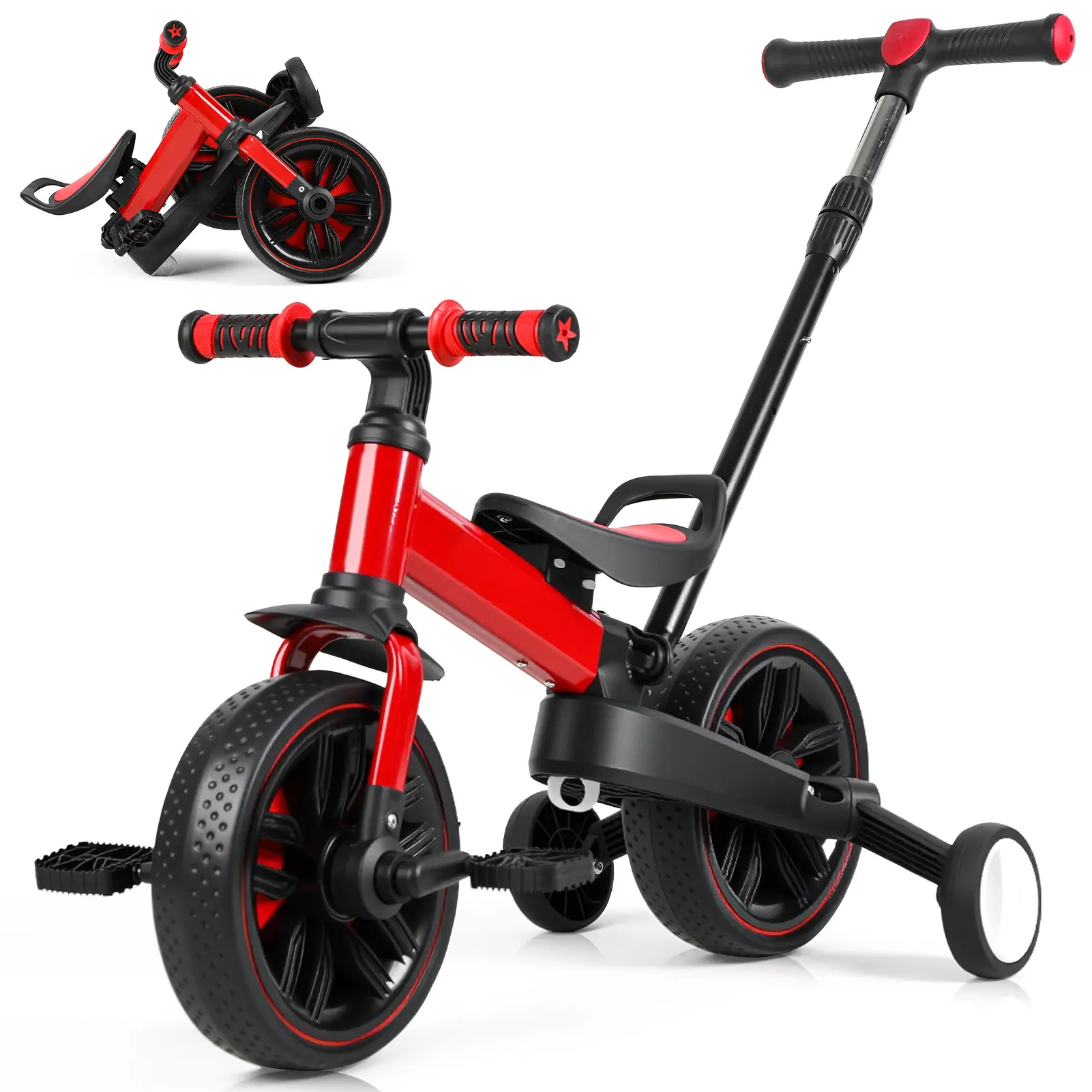 Multifunction 7-in-1 Children's Bicycle for 2-7 Years Olds, Foldable Durable Balance Bike with Push Handle, Auxiliary Wheels, Pedals, Brakes, Kickstand, Adjustable Saddle, Ideal Kids' Birthday Gift Toy, Childrens Bicycle