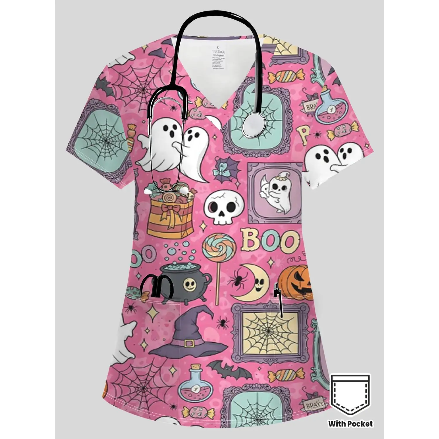 Women's Halloween Skull Print Scrub Top with Pockets, V-Neck Casual Workwear, Breathable All-Season Cartoon Style
