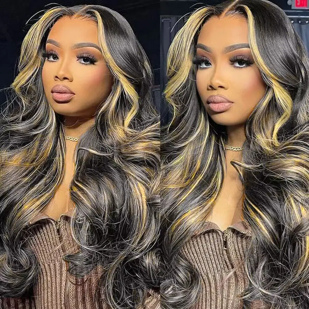QUANDIAN Women's 13x6 HD Lace Front Human Hair Wig, 200% Density Balayage Highlight Body Wave, Pre-Plucked Hairline, Frontal Lace Wigs for Women, Wigs Human Hair