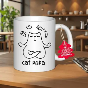 Humorous Cat Mug for Dad 11oz Ceramic Coffee Cup with Meditating Cat and CAT PAPA Design Dishwasher Safe for Hot Drinks Perfect for Father's Day Birthday and Christmas