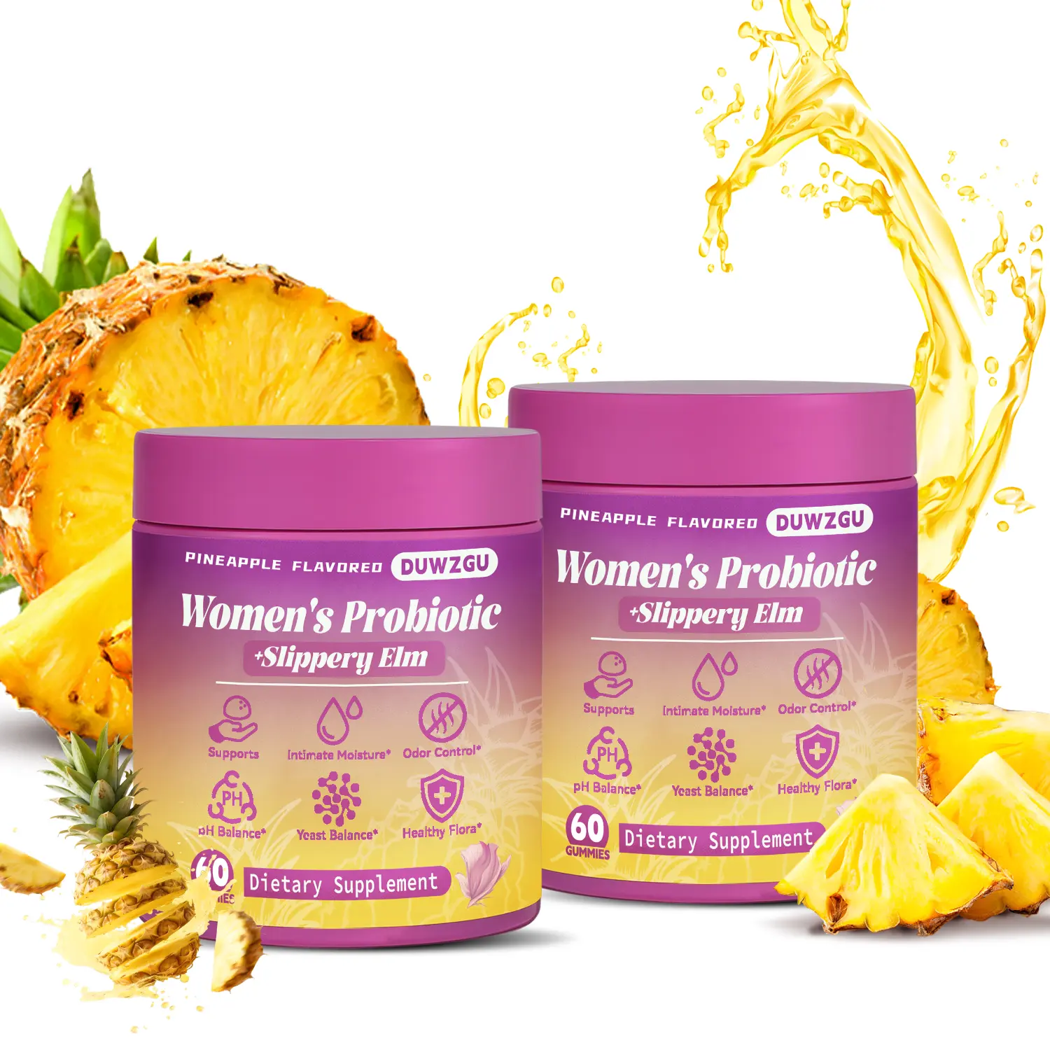 Feminine Probiotics Dietary Supplement - Pineapple Flavor 60 Gummies Prebiotic&Probiotic Blend&Slippery Elm Support pH Balance