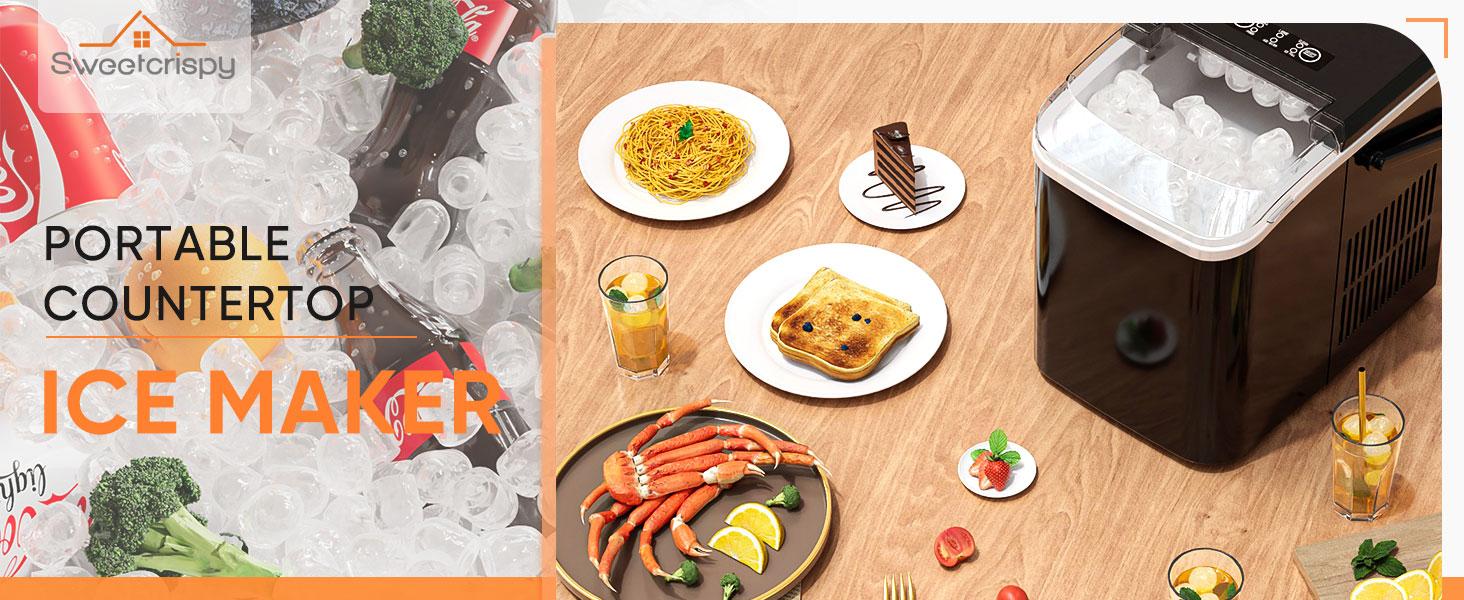 HomeSquad Portable Self-Cleaning Countertop Ice Maker - Makes 9 Ice Cubes in 6 Minutes, Produces 26.5lbs of Ice in 24 Hours, Includes 2 Sizes of Bullet Ice, Ice Scoop, Basket & Handle - Perfect for Home, Kitchen, and Parties!