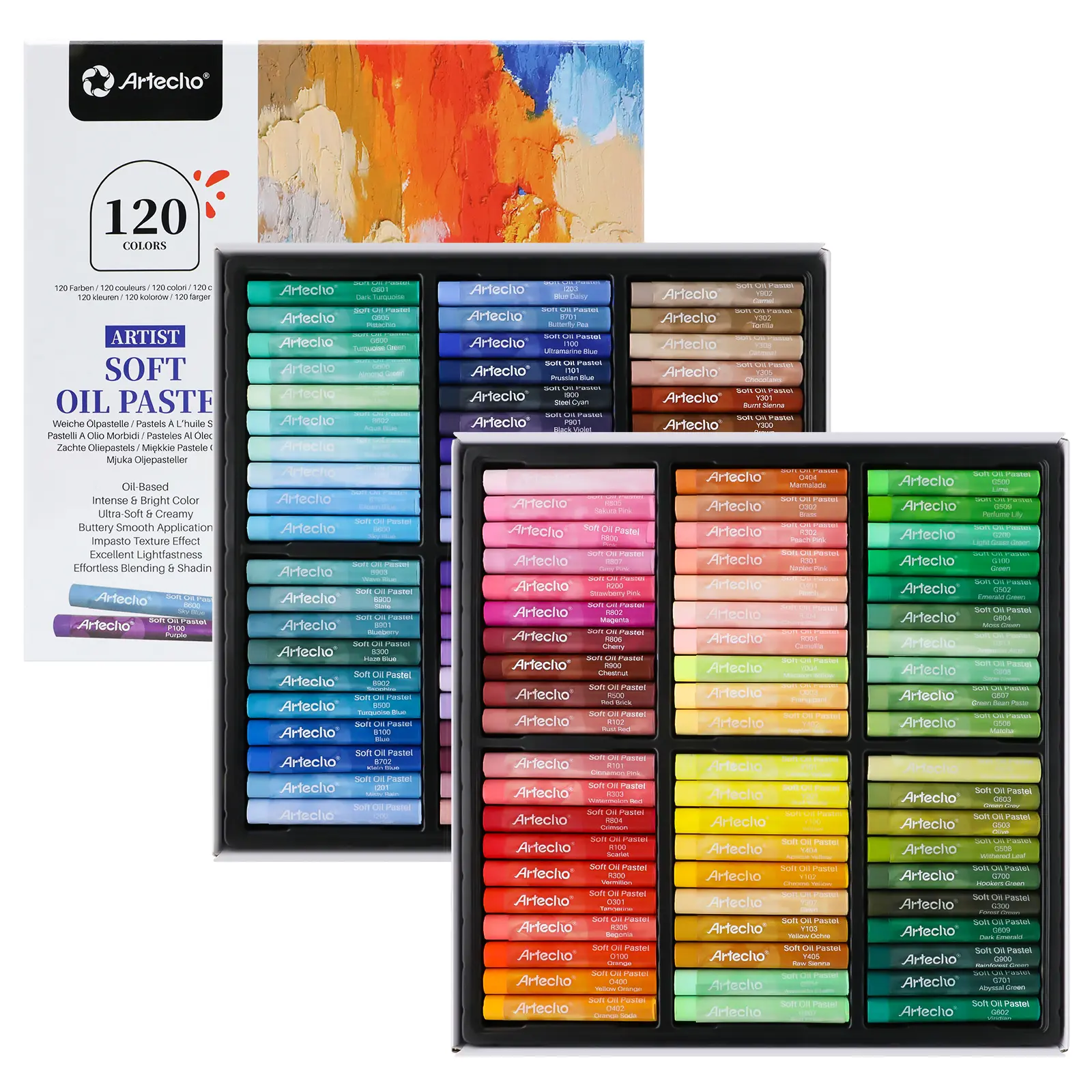 Artecho Artist Grade Oil Pastels, 48 High-Pigment Vivid Colors, 10mm Diameter Large Sticks, Extra Soft for Blending, Layering, Shading, Non-Toxic for Artists & Students, Compartment Box