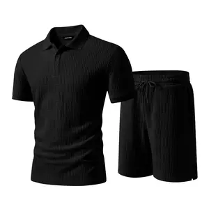 JMIERR Mens Sweatsuits Sets Summer Tracksuits 2 Piece Outfits Textured Short Sleeve Golf Polo Drawstring Short