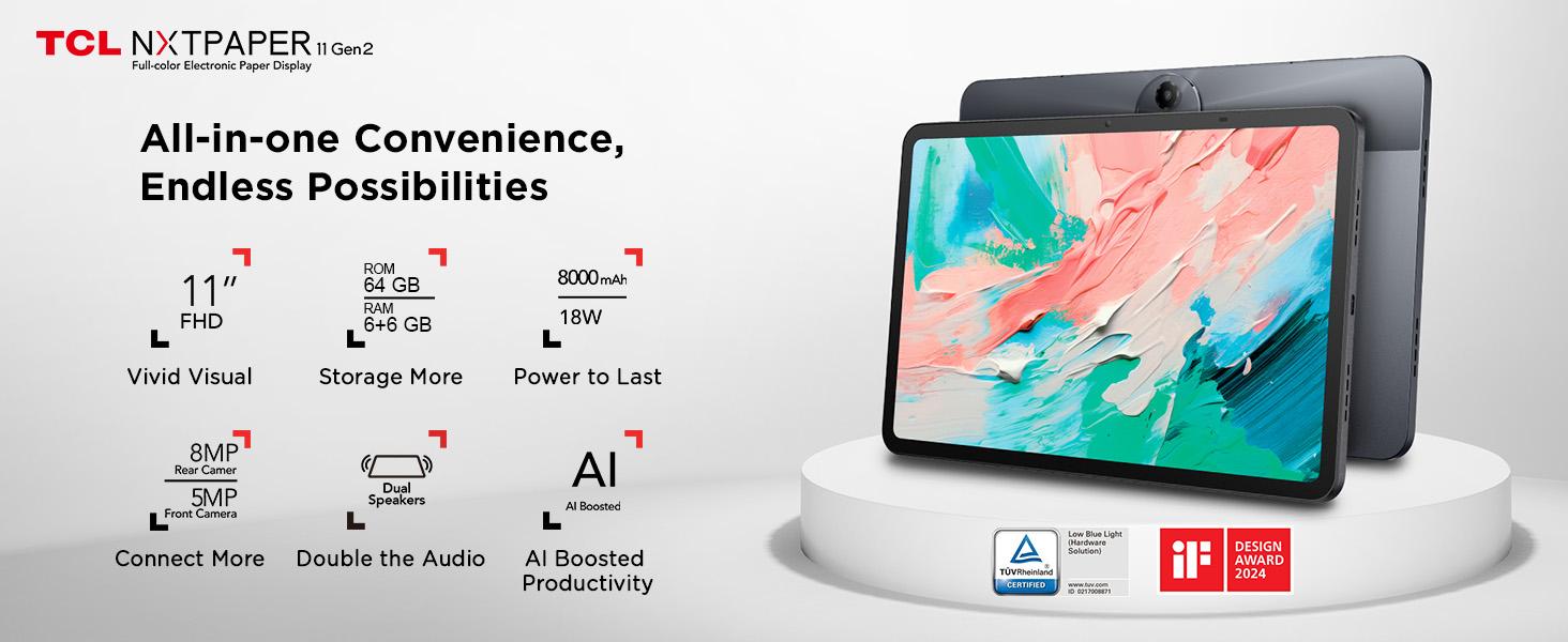 Ares TCL NXTPAPER 11 Gen 2 Android Tablet | 11" Drawing Pad + Digital Notebook w/ Stylus & Flip Case, NXTPAPER 4.0 Display, Android 15, AI Tools, 6+64GB / 8+128GB, 8000mAh Battery (Gray)