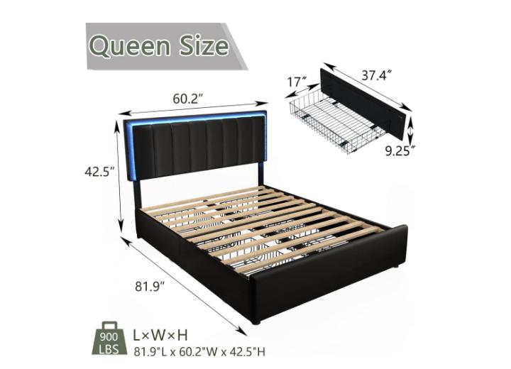 HOMBCK Bed Frame with Drawers and LED Lights, Mattress not included, Faux Leather Headboard, No Box Spring Needed, Easy Assembly