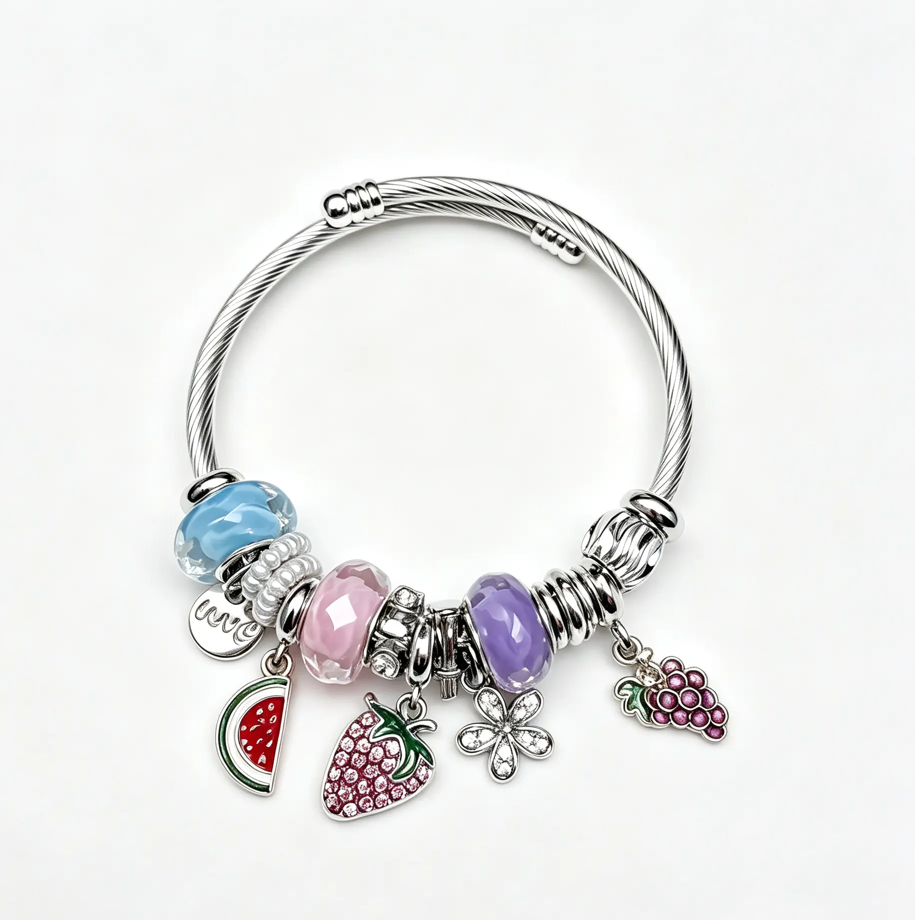 Adjustable Silver Cable Wire Charm Bangle Bracelet, Fruit Theme Dangle Charms with Watermelon Strawberry Grape Flower Rhinestone, Multicolor Murano Glass Beads Stackable Jewelry Gift for Women Teen Girls