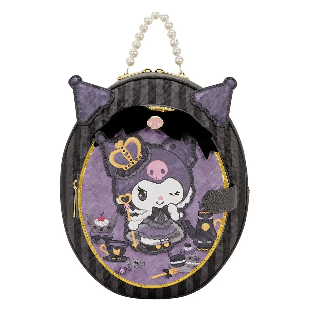 Loungefly Sanrio Kuromi 20th Anniversary Cameo-Style Mini Backpack, Stylish Faux Leather Casual Daypack with 3D Bow and Pearl Handle, Stylish Casual Daypack, Collectibles, Otaku Style