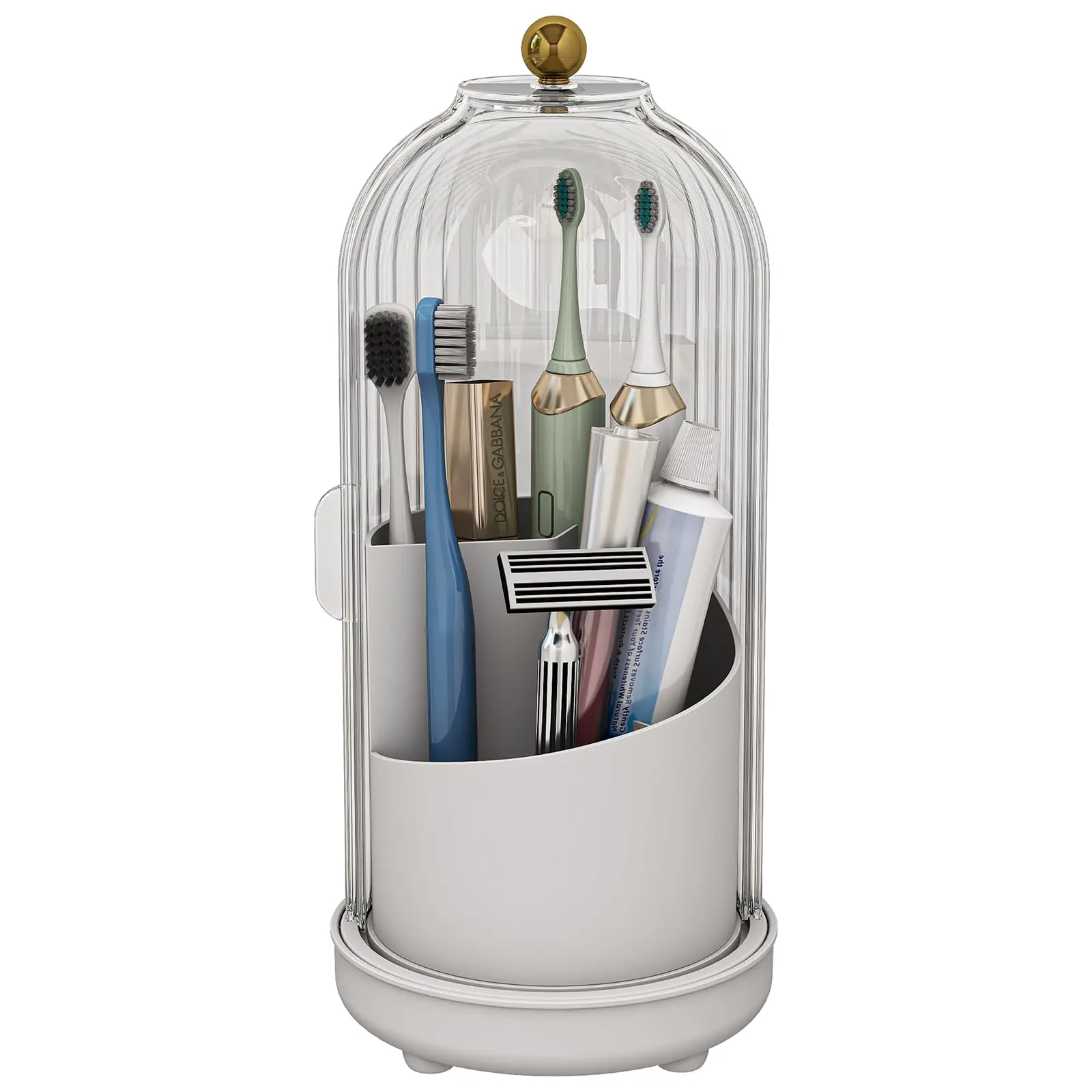 360° Rotating Toothbrush Holder with Dustproof Cover 3-Slot Bathroom Organizer with Drainage for Electric & Manual Brushes