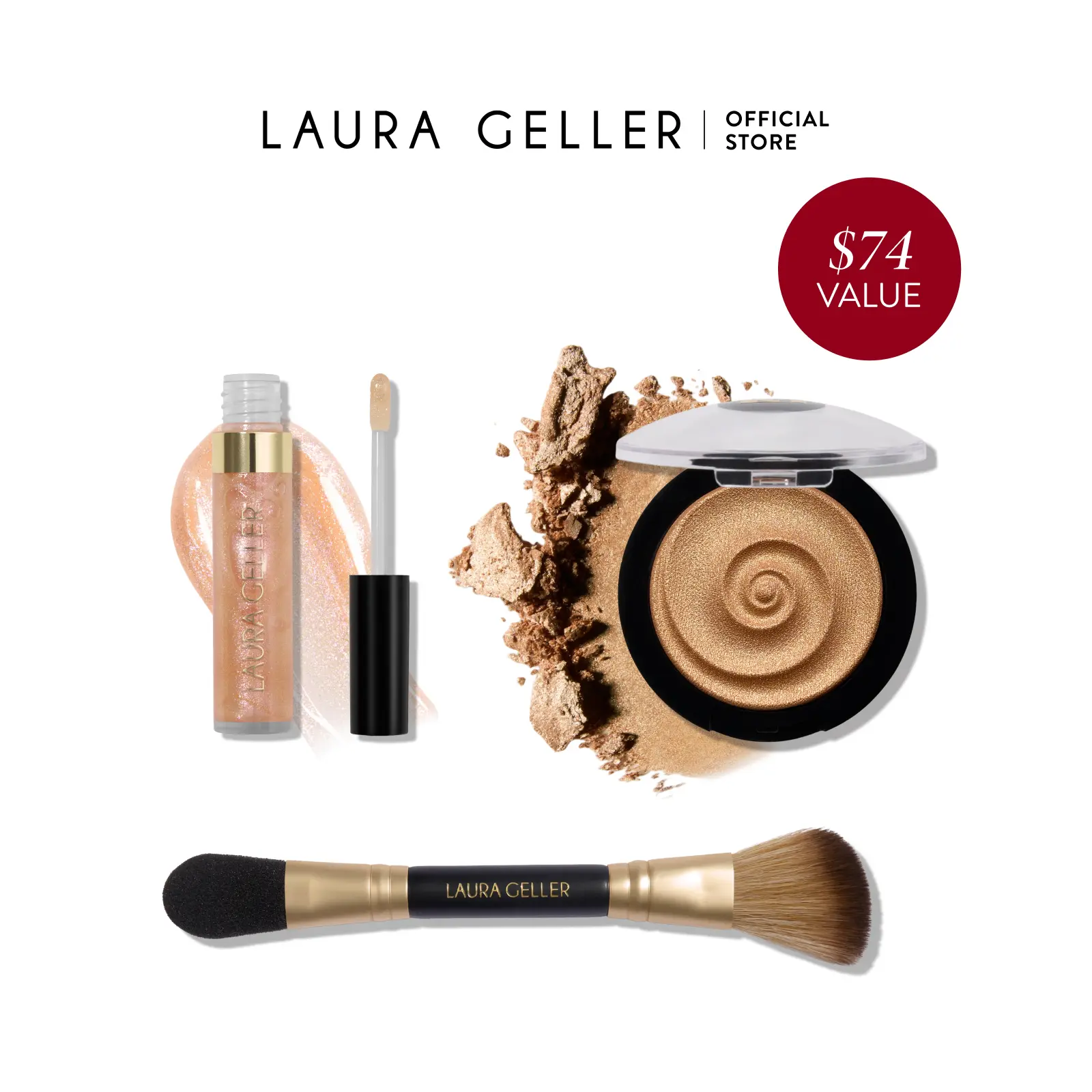 Laura Geller Gilded Honey Glow Kit 3 PC Baked Gelato Swirl Highlighter Illuminator & Brush for Flawless Golden Glow Makeup