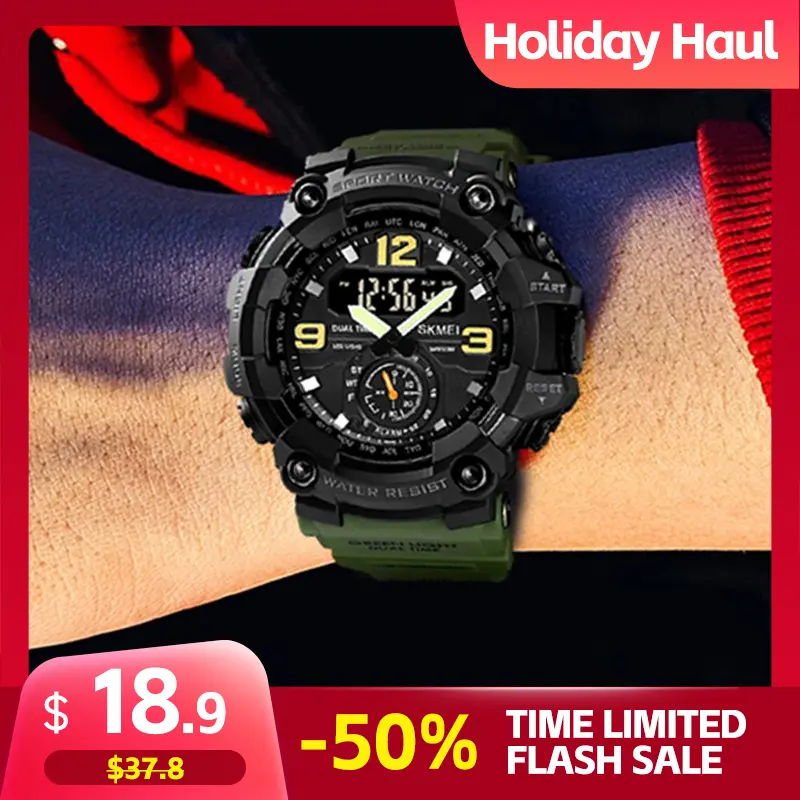 SKMEI Men's Sport Watch, Durable Outdoor Wristwatch with a Rugged Look, Round Face, Shockproof Functionality, 50m Resistance and Dual Time Zone, Fashionable Stylish Watch, Luminous Dial, Durable Watch