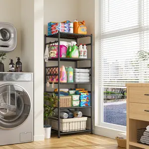 Raybee 5-Tier/6-Tier Storage Shelves, Sturdy Metal Shelving Units with Hooks,Wobble-Free Utility Storage Racks with Leveling Feet,Slim Standing Shelf Organizer for Garage Kitchen Corner Pantry, 17.7”W×11.8”D ×58.3”H