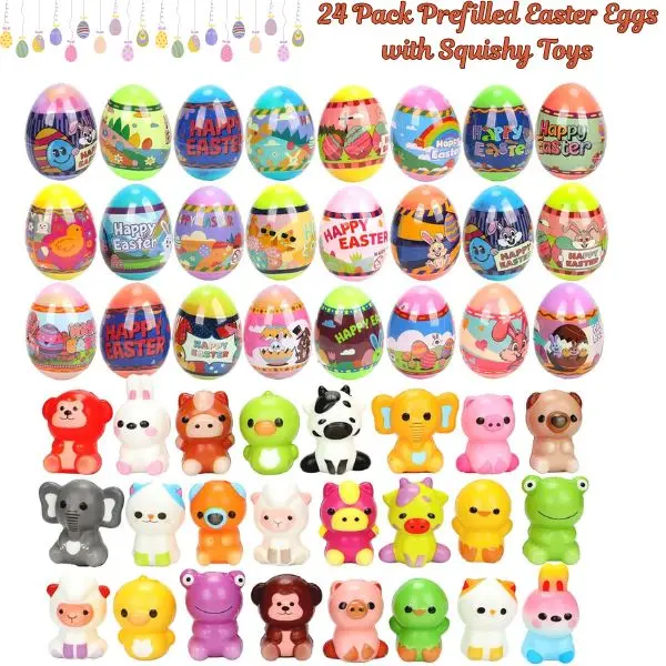Unisex 24-Pack Prefilled Easter Eggs with Fun Modern Safe PVC-Free Squishy Capsule Toys, Stress Relief Egg Hunt Favors, Easter Basket Stuffers for Festive Gatherings