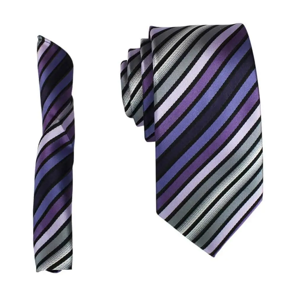 AZAR Mens Modern Designed Neck Tie & Hanky Pocket Square Set Medium Width 7CM (Purple Lavender Grey Stripe)