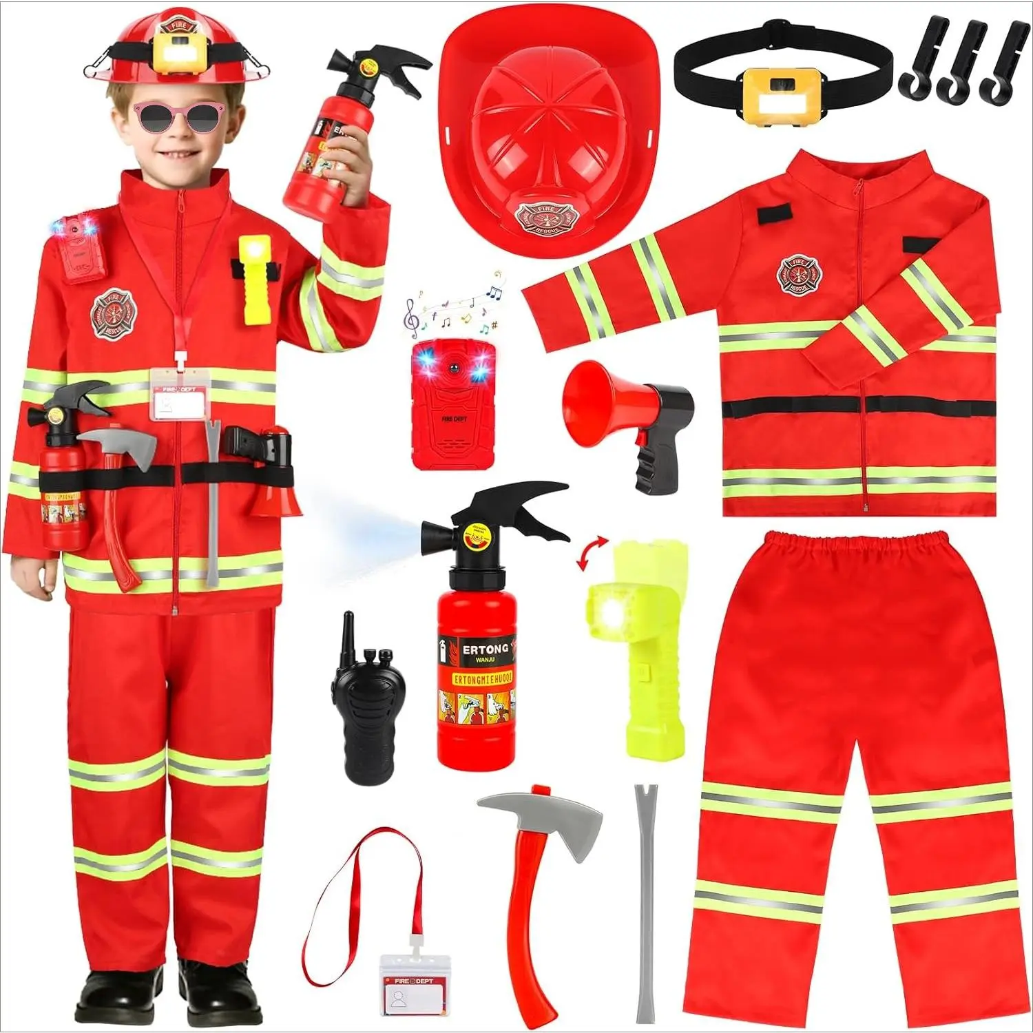 Boys' Firefighter Costume, Reflective Polyester Jacket and Pants Uniform, Pretend Play Set with Lighted Helmet, Water Sprayer & Firefighter Accessories for Halloween Cosplay, Reflective Strips, Name Tag