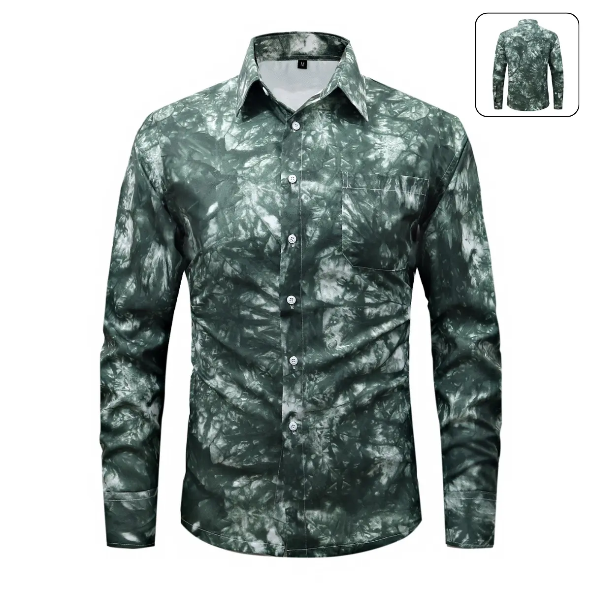 Men's Fitted Collared Long-Sleeve Cuffed Casual Button-Down Shirt - Gradient Tie-Dye, Chest Pocket, Menswear Everyday Wear Stylish Top