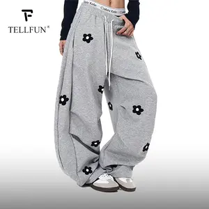 Men's Floral Embroidery Baggy Barrel Sweatpants Elastic Waist Drawstring Casual Y2K Streetwear Loose Fit Vintage Joggers Menswear