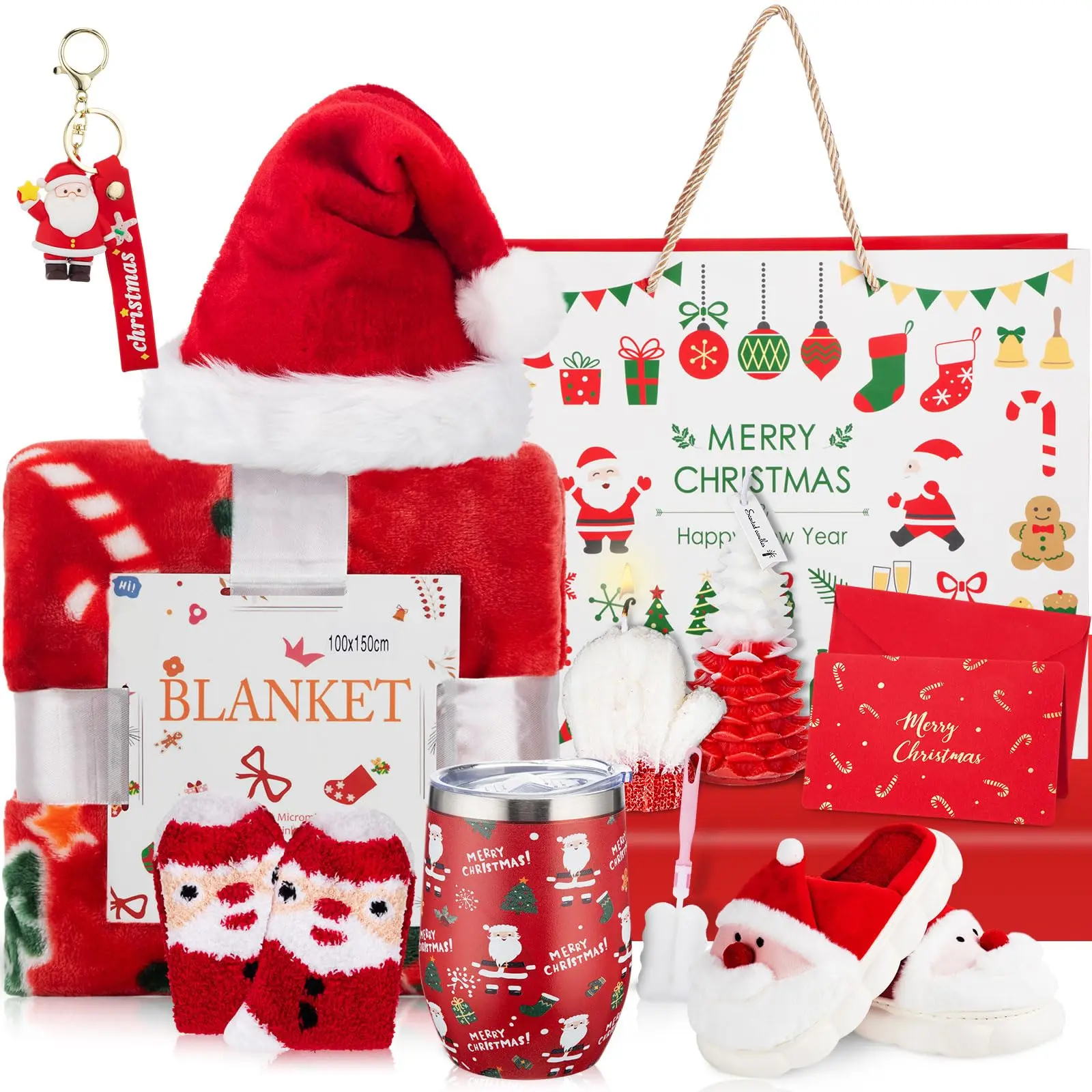 Christmas Gifts Set for Women Christmas Gifts Basket with Blankets Santa Burr Basket Coffee Mug Xmas Lighted Tabletop Tree, Merry Xmas Gift for Mom Coworker Friend Wife Sister