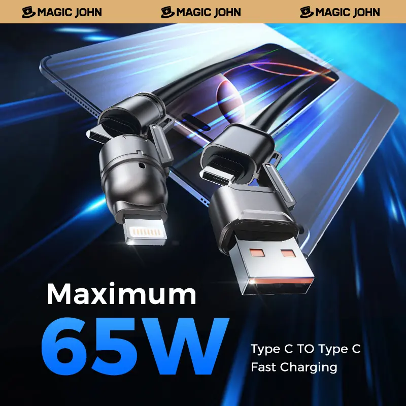 NEW - MAGIC JOHN USB Type C Charging Cable, 4 in 1 Function, 65W Fast Charging, Liquid Silicone and Aluminum Alloy Material, Braided Data Cable, Black & Gray,back to school,back to school haul