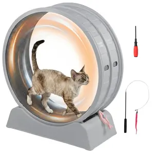 Rebuyhome 15kg Capacity Cat Treadmill, 80×34×86CM PP Track Connector Assembly Cat Exercise Wheel with Grey Circular Carpet & 1 Cat Teaser Stick, Indoor Cat Fitness Toy