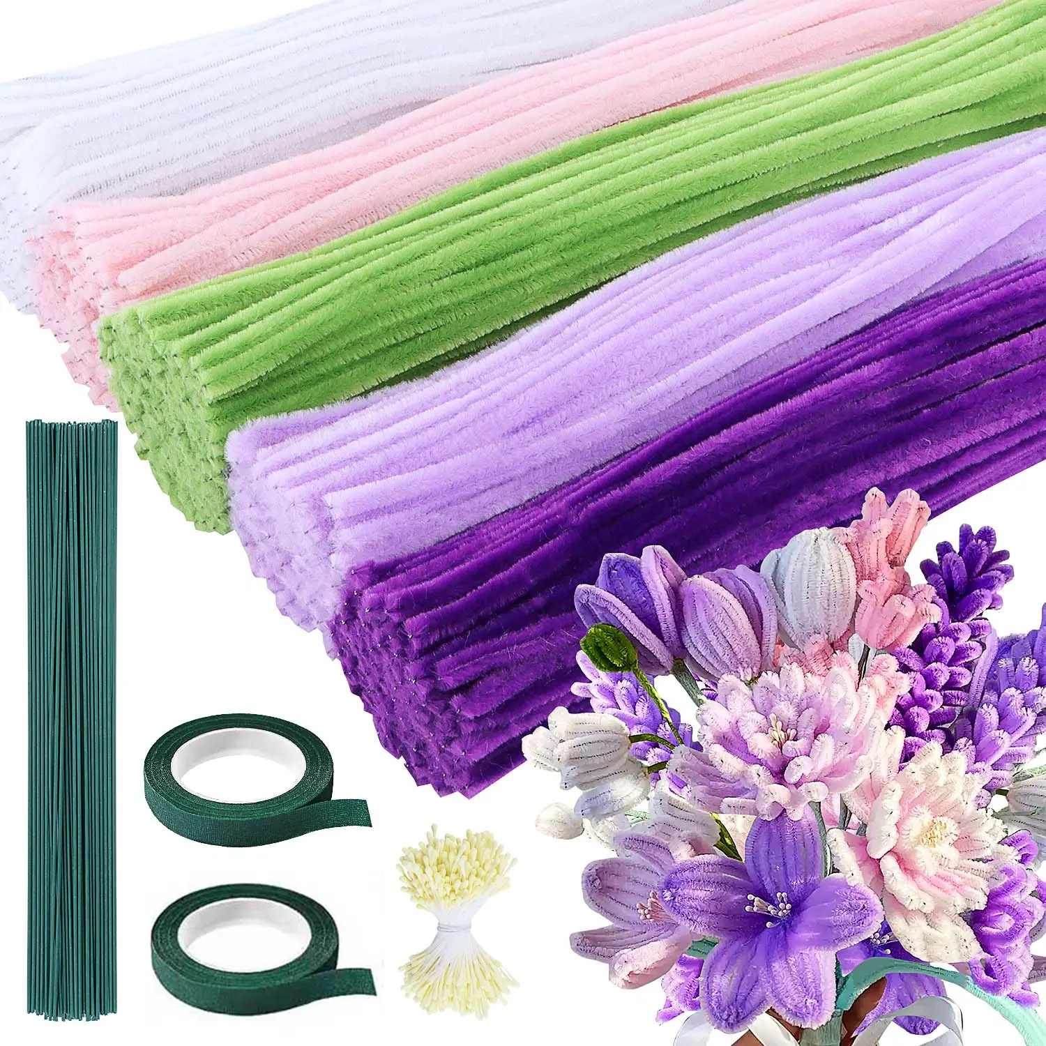 500PCS Purple Flower Pipe Cleaners Customized DIY Assembly Kit for Crafters, Bulk Decor Supplies with Floral Wires, Gardening Tape, Stamen for Tulip, Lily Bouquet Making – Ideal for DIY Projects & Floral Arranging