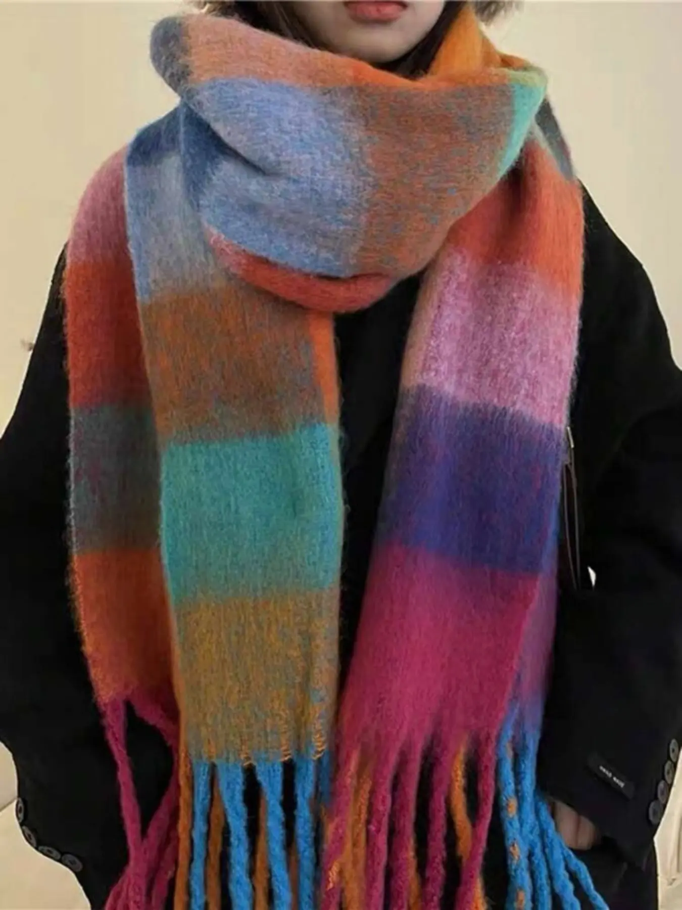 Colorful Plaid Checkered Pattern Tassel Decor Scarf, Fluffy Soft Scarf, Women's Elegant Warm Long Fashion Shawl for Dress Wrap, Fashion Accessories for Fall & Winter