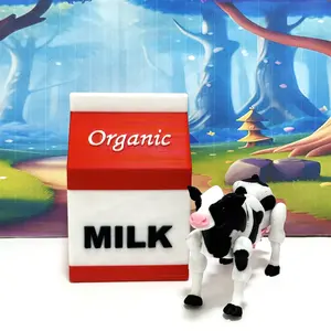 3D Printed Dairy Cow Figurine, 6 Inches Articulated Farm Animal Cow with Milk Carton, Farmhouse Decor