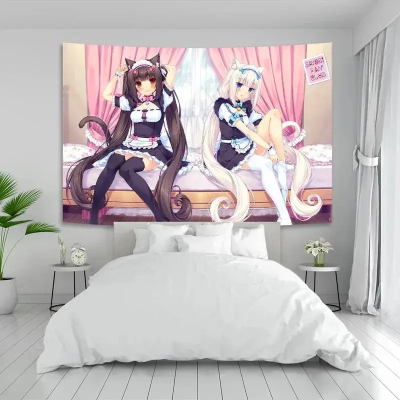 Nekoparas Characters Polyester Tapestry - Bold Anime Style Kawaii Wall Decor, Bedroom Dorm Decor, Psychedelic Pink Cloth Banner for Anime Room Boost, Kawaii Room Vibe