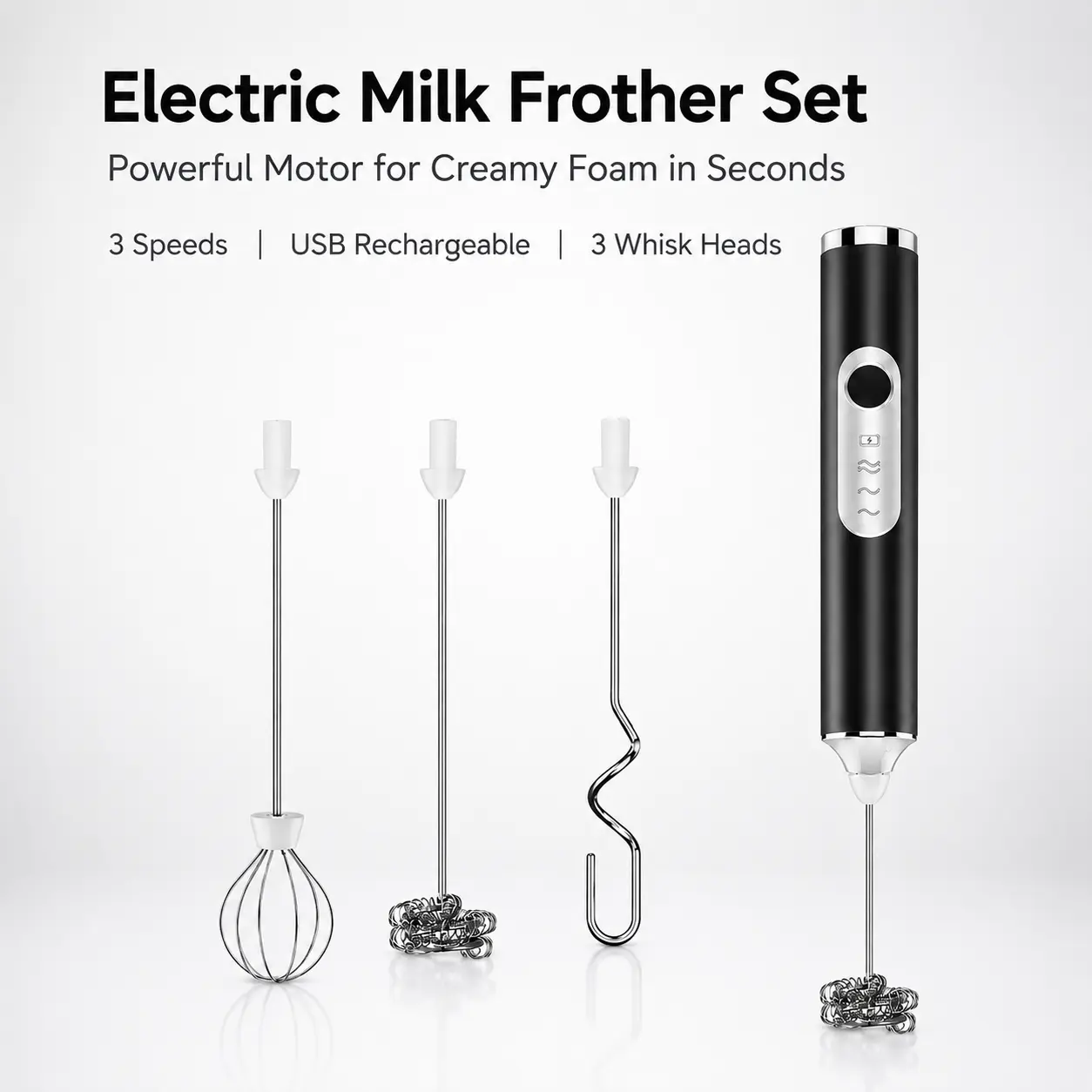 Portable Handheld Electric Milk Frother - Rechargeable 1500mAh USB-Charging Mixer with 3 Stainless Steel Heads, 3-Speed Whisk, Compact Kitchen Fixture Accessory for Latte, Egg/Cream Balloon (15-20s Creamy Foam, Midnight Black/Pearl White)