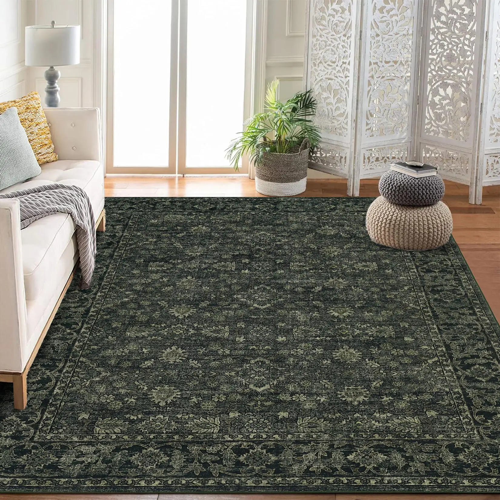 Vintage Boho Area Rugs for Living Room, Dark Green 8'x10' Washable Large Rugs with Non-Slip Backing, Soft Modern Pastel Carpets for Bedroom Dining Room Nursery Office Farmhouse Home Decor