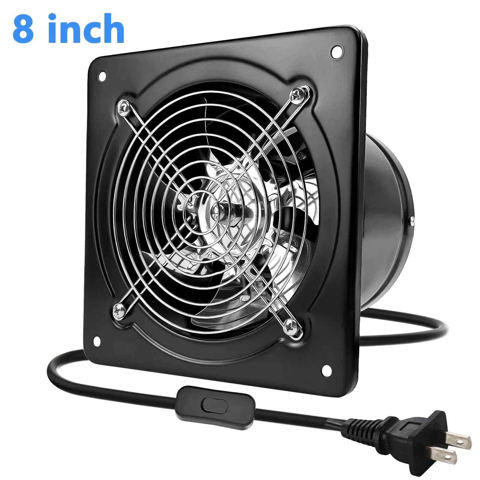 8 in Wall-Mounted Exhaust Fan - Home Ventilation Extractor Blower Duct Fan for Indoor Use, Odor and Smoke Removal, Suitable for Kitchens, Chicken Coops, Sheds, Kitchen Smoke Vent