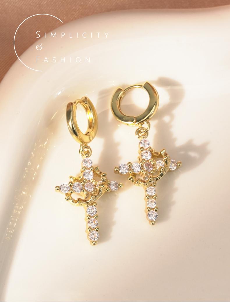 GGIRL 18K Gold Plated Crown Cross Earrings for Women Dainty CZ Pendant Hypoallergenic Non Tarnish Trendy Jewelry Casual Style Fashion Jewelry Gift for Holiday Haul Christmas Birthdays Anniversaries