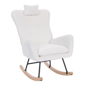 Rocking Chair Teddy Upholstered Glider Rocker with High Backrest & Armrest Padded Seat for Living Room Bedroom Offices WHITE Ergonomic Design Sturdy Durable Frame Easy Assembly