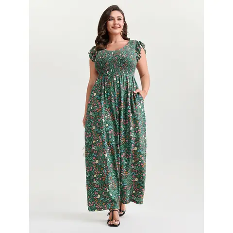 BLOOMCHIC Women's Plus Size Casual Smooth Polyester-Nylon Overalls - Flutter Cap Sleeve, Floral Print, V-Neck, Pocketed Jumpsuit, Fabric, Plus Size Fashion, 18-20/2x, 22-24/3x, M-6X, Low Iron, Cold Wash, Garment Fit (Womenswear)，SohoChic