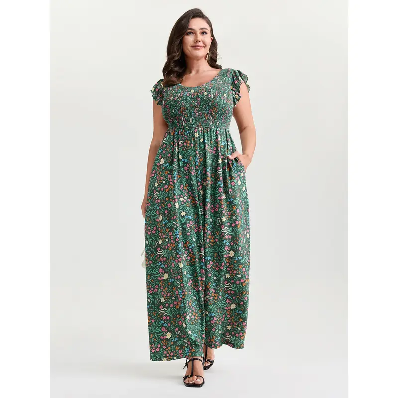 BLOOMCHIC Women's Plus Size Casual Smooth Polyester-Nylon Overalls - Flutter Cap Sleeve, Floral Print, V-Neck, Pocketed Jumpsuit, Fabric, Plus Size Fashion, 18-20/2x, 22-24/3x, M-6X, Low Iron, Cold Wash, Garment Fit (Womenswear)，SohoChic