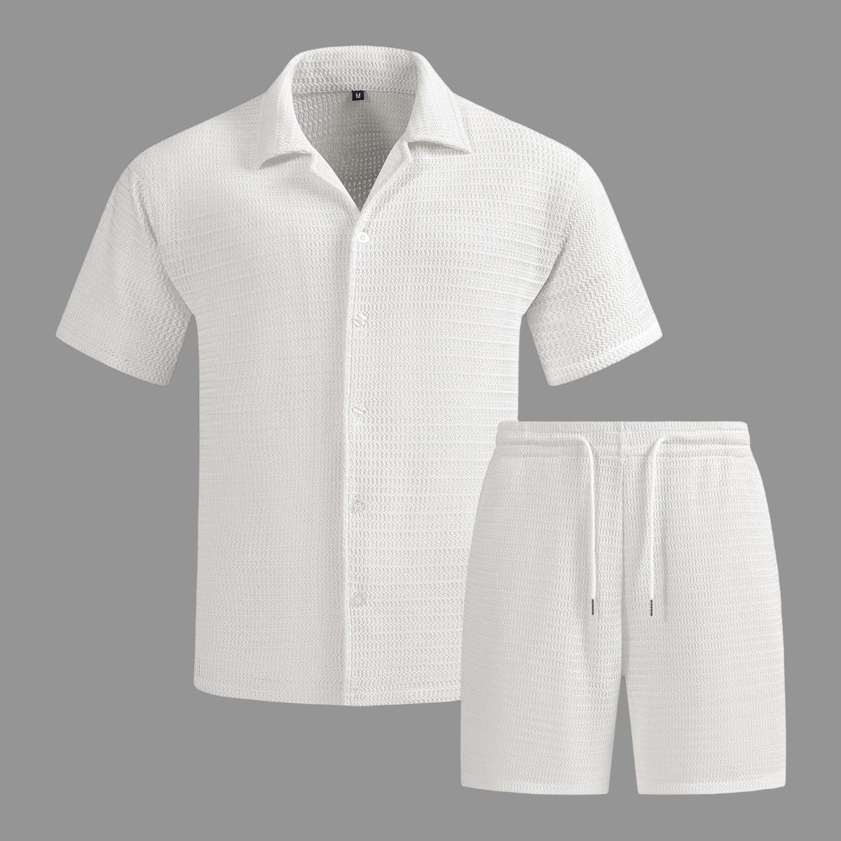 Men's solid color summer vacation set, regular style, paired with textured button down short sleeved shirt and matching drawstring shorts, easily interprets the exquisite coastal style, casual travel, vacation and leisure