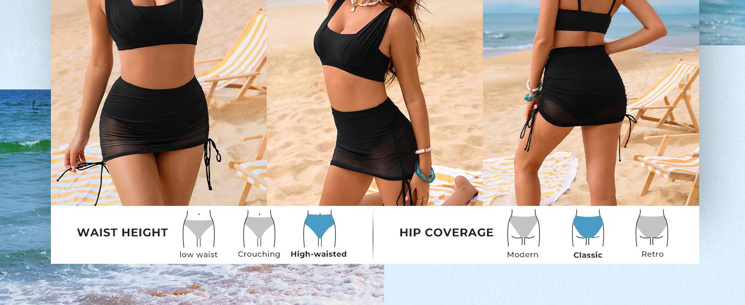 【S-XL】Hanna Nikole Womens High Waisted Swim Skirt, Tummy Control Mesh Bikini Sets, 2 Piece Swimsuit Drawstring Bathing Suits