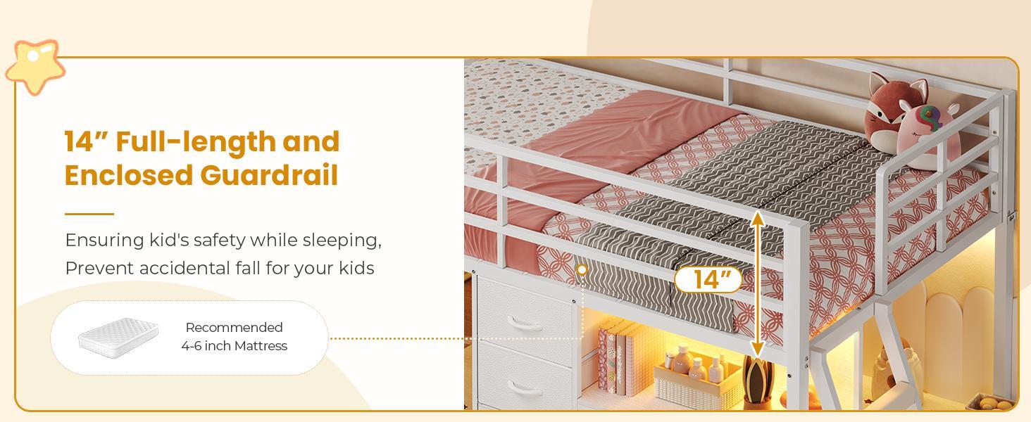 Sikaic Low Loft Bed Twin Size with 7 Storage Drawers, Bookcase and LED Lights, Metal Kids Loft Bed with 14" H Safety Guardrail, Inclined Ladder and Play Curtain, Under-Bed Play Space Sikaic Low Loft Bed Twin Size with 7 Storage Drawers, Bookcase and LED Lights, Metal Kids Loft Bed with 14" H Safety Guardrail, Inclined Ladder and Play Curtain, Under-Bed Play Space