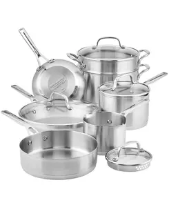 KitchenAid 3-Ply Base Stainless Steel 11 Piece Cookware Set Induction Pots and Pans with Glass Lids Oven Safe up to 500°F