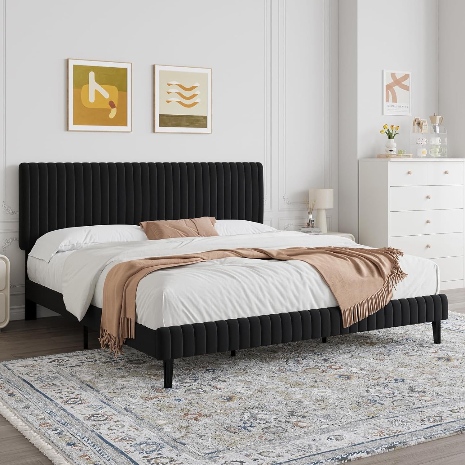 HOMBCK Velvet Upholstered Platform Bed with Vertical Channel Tufted Headboard and Footboard, No Box Spring Required, Easy Assembly